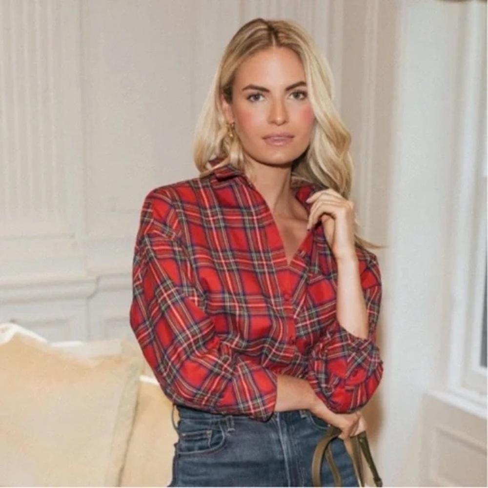 Tuckernuck Red Plaid Button Front Relaxed Tunic Shirt Women’s XS Preppy - Picture 2 of 9